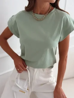 Online Blouse Women's Black Yellow Light Green Solid / Plain Color Knitting Daily Elegant Round Neck Regular Fit S Women T-Shirts