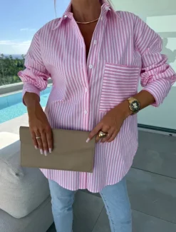 Clearance Blouse Women's Pink Blue Khaki Striped Printing Front Pocket Daily Elegant V Neck Regular Fit S Women T-Shirts