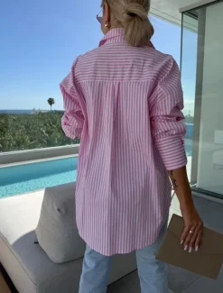 Clearance Blouse Women's Pink Blue Khaki Striped Printing Front Pocket Daily Elegant V Neck Regular Fit S Women T-Shirts