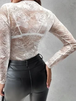 Hot Blouse Women's Transparent Black 6 black Black Embroidered Flower / Plants Lace Hole Daily Elegant Lace Round Neck S Women Lace Tops