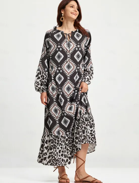 Online Boho Abstract Animal Print Maxi Dress Women Casual Dress