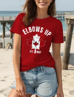 Discount Canada Women's T Shirt Graphic Flag Letter Vintage Stylish Casual Short Sleeve Crew Neck Round Neck Regular Tops Daily Weekend Print Black and White White Black Black White Red Women Independence Day Top