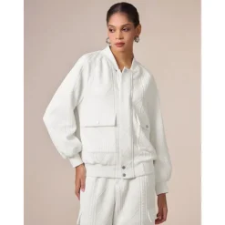 Discount Casual Crew Neck Textured Raglan Sleeve Bomber Jacket Women Cardigans & Outerwears|Jackets
