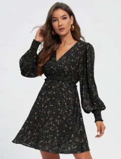 Outlet Chiffon Casual Floral Ruffle Swing Mini Dress Women Chiffon Dresses