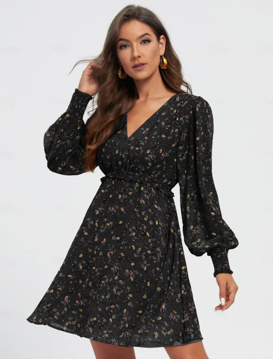 Outlet Chiffon Casual Floral Ruffle Swing Mini Dress Women Chiffon Dresses