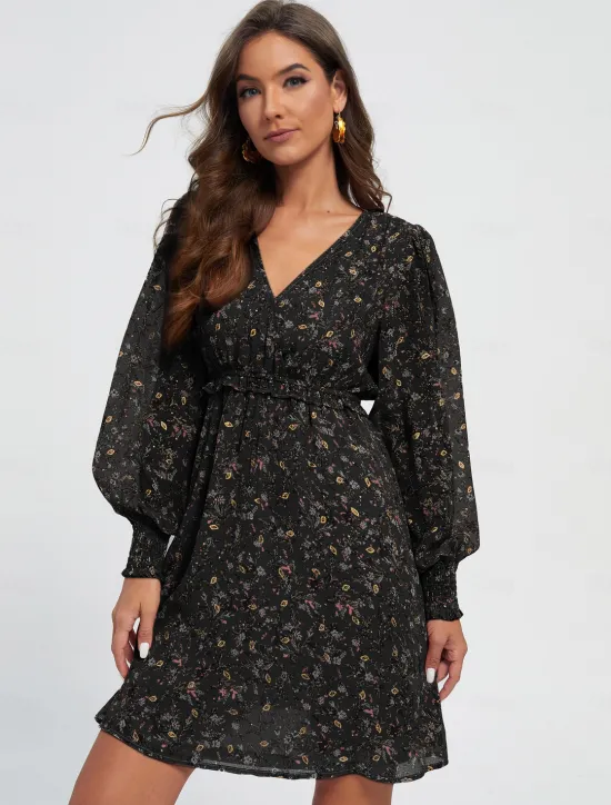 Outlet Chiffon Casual Floral Ruffle Swing Mini Dress Women Chiffon Dresses