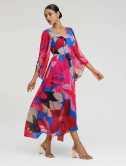 New Chiffon Floral V Neck Maxi Dress Women Casual Dress