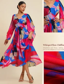 New Chiffon Floral V Neck Maxi Dress Women Casual Dress