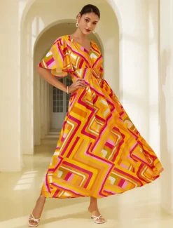 Clearance Chiffon Geometric V Neck Maxi Dress Women Chiffon Dresses|Casual Dress