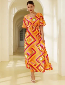 Clearance Chiffon Geometric V Neck Maxi Dress Women Chiffon Dresses|Casual Dress
