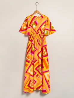 Clearance Chiffon Geometric V Neck Maxi Dress Women Chiffon Dresses|Casual Dress