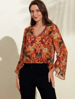 Chiffon Paisley Ruffle Sleeve Blouse Women Chiffon Tops