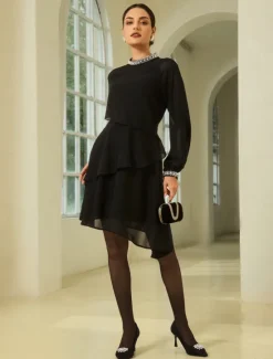 Online Chiffon Ruffle Beading Asymmetric Mini Dress Women Cocktail Dress