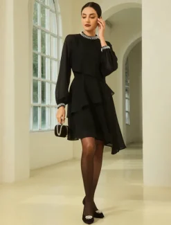 Online Chiffon Ruffle Beading Asymmetric Mini Dress Women Cocktail Dress