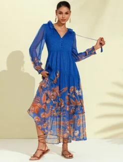Online Chiffon Tropical Flowers Puff Sleeve Boho Dress Women Chiffon Dresses