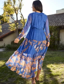 Online Chiffon Tropical Flowers Puff Sleeve Boho Dress Women Chiffon Dresses