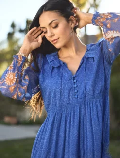 Online Chiffon Tropical Flowers Puff Sleeve Boho Dress Women Chiffon Dresses