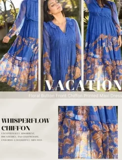 Online Chiffon Tropical Flowers Puff Sleeve Boho Dress Women Chiffon Dresses