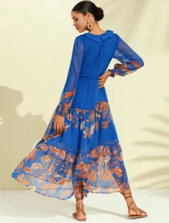 Online Chiffon Tropical Flowers Puff Sleeve Boho Dress Women Chiffon Dresses