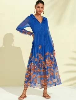 Online Chiffon Tropical Flowers Puff Sleeve Boho Dress Women Chiffon Dresses