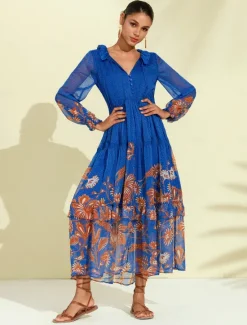 Online Chiffon Tropical Flowers Puff Sleeve Boho Dress Women Chiffon Dresses