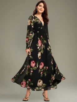 Clearance Chiffon Wedding Guest Floral Ruched V Neck Maxi Ascot Dress Wedding Guest Dress Women Floral Dresses|Cocktail Dress