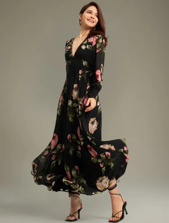 Clearance Chiffon Wedding Guest Floral Ruched V Neck Maxi Ascot Dress Wedding Guest Dress Women Floral Dresses|Cocktail Dress