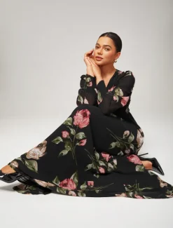 Clearance Chiffon Wedding Guest Floral Ruched V Neck Maxi Ascot Dress Wedding Guest Dress Women Floral Dresses|Cocktail Dress