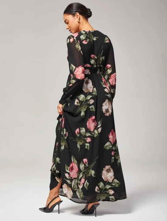 Clearance Chiffon Wedding Guest Floral Ruched V Neck Maxi Ascot Dress Wedding Guest Dress Women Floral Dresses|Cocktail Dress