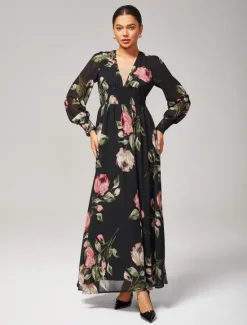 Clearance Chiffon Wedding Guest Floral Ruched V Neck Maxi Ascot Dress Wedding Guest Dress Women Floral Dresses|Cocktail Dress