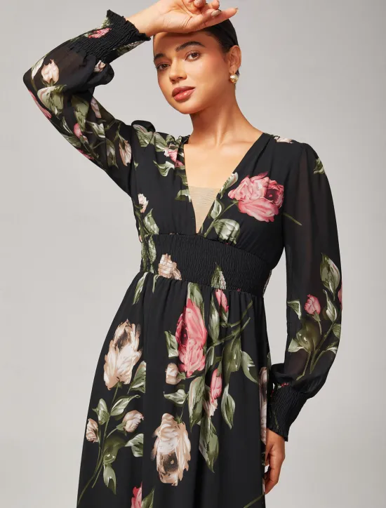 Clearance Chiffon Wedding Guest Floral Ruched V Neck Maxi Ascot Dress Wedding Guest Dress Women Floral Dresses|Cocktail Dress