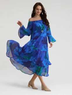 New Chiffon Wedding Guest Floral Off Shoulder Long Sleeve Maxi Dress Women Casual Dress|Cocktail Dress