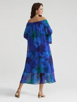 New Chiffon Wedding Guest Floral Off Shoulder Long Sleeve Maxi Dress Women Casual Dress|Cocktail Dress
