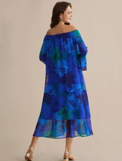 New Chiffon Wedding Guest Floral Off Shoulder Long Sleeve Maxi Dress Women Casual Dress|Cocktail Dress
