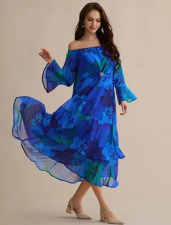 New Chiffon Wedding Guest Floral Off Shoulder Long Sleeve Maxi Dress Women Casual Dress|Cocktail Dress