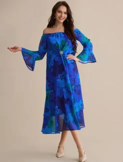 New Chiffon Wedding Guest Floral Off Shoulder Long Sleeve Maxi Dress Women Casual Dress|Cocktail Dress