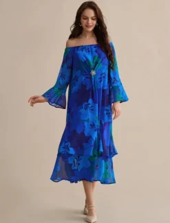 New Chiffon Wedding Guest Floral Off Shoulder Long Sleeve Maxi Dress Women Casual Dress|Cocktail Dress