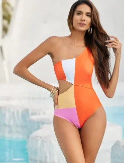 Color Block One Shoulder Cut Out Swimsuit Women One-Pieces