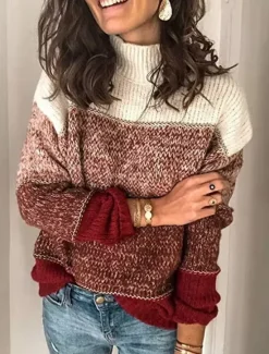 Sale Color Block Sweater Turtleneck Knit Fall Winter Weekend Fashion Streetwear Daily Long Sleeve Color Block Black Red Wine Women Pullovers & Tops