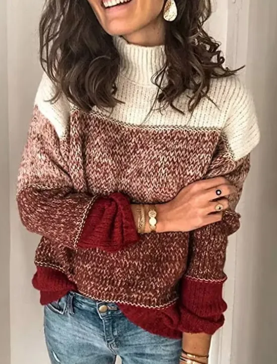 Sale Color Block Sweater Turtleneck Knit Fall Winter Weekend Fashion Streetwear Daily Long Sleeve Color Block Black Red Wine Women Pullovers & Tops
