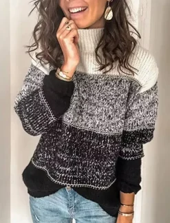 Sale Color Block Sweater Turtleneck Knit Fall Winter Weekend Fashion Streetwear Daily Long Sleeve Color Block Black Red Wine Women Pullovers & Tops