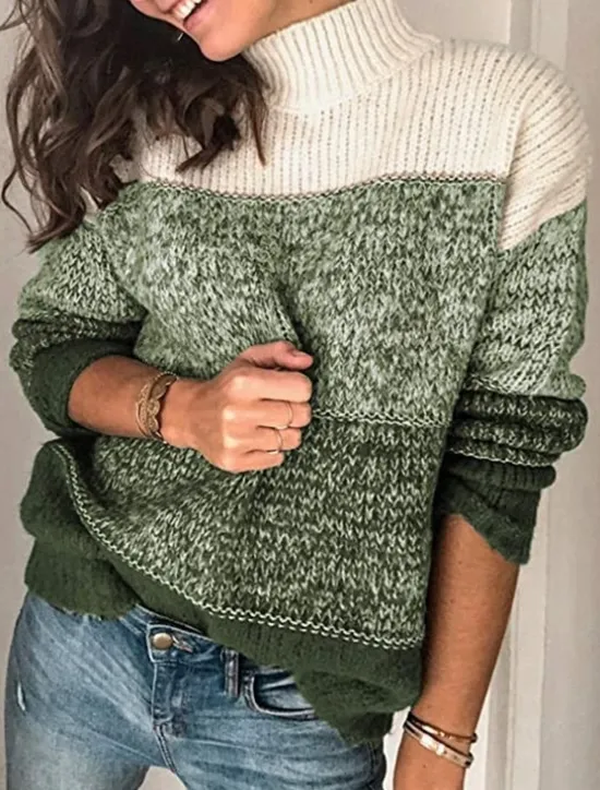 Sale Color Block Sweater Turtleneck Knit Fall Winter Weekend Fashion Streetwear Daily Long Sleeve Color Block Black Red Wine Women Pullovers & Tops