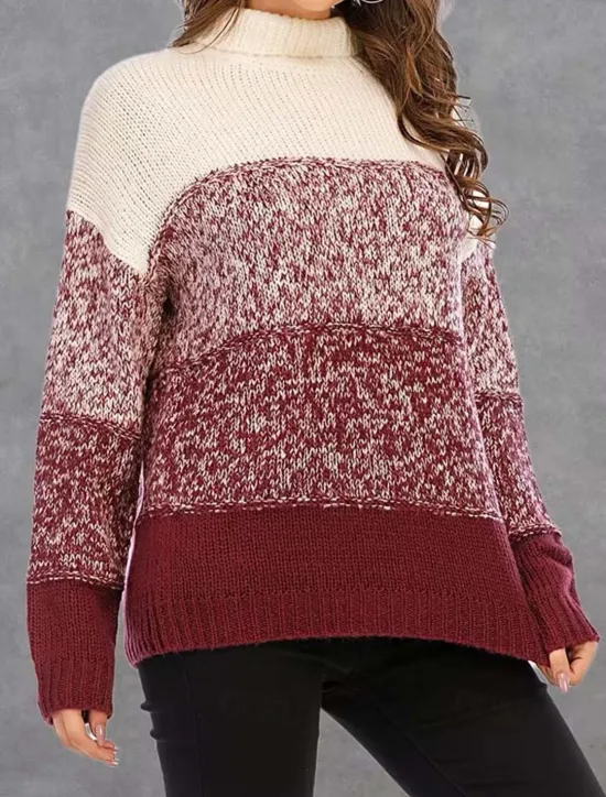 Sale Color Block Sweater Turtleneck Knit Fall Winter Weekend Fashion Streetwear Daily Long Sleeve Color Block Black Red Wine Women Pullovers & Tops