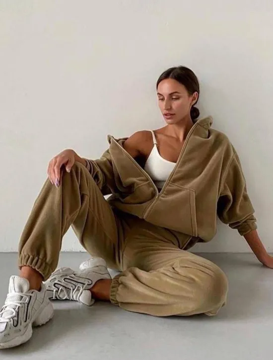 New Comfry Fleece Women Pants Sets Sports Outdoor Sport Daily Warm Bishop Sleeve Long Sleeve Hooded Spring Fall Women Two Piece Sets