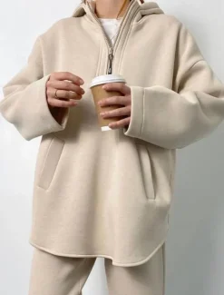 Best Comfry Fleece Women Sweatshirt Hoodie Tracksuit Warm Long Sleeve Brown Spring Fall Women Two Piece Sets