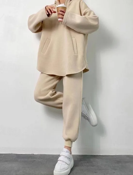 Best Comfry Fleece Women Sweatshirt Hoodie Tracksuit Warm Long Sleeve Brown Spring Fall Women Two Piece Sets