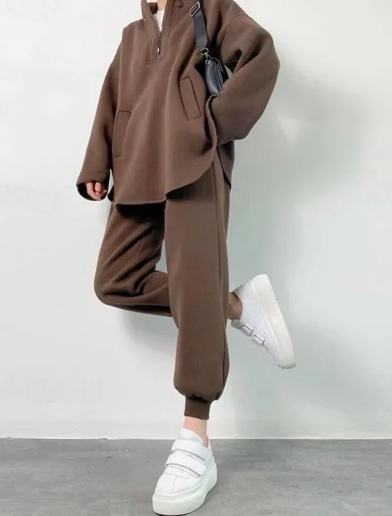 Best Comfry Fleece Women Sweatshirt Hoodie Tracksuit Warm Long Sleeve Brown Spring Fall Women Two Piece Sets