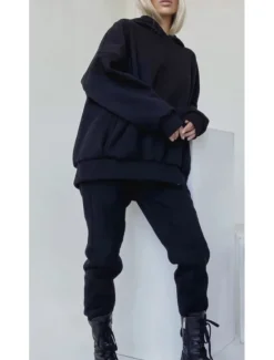 Comfry Fleece Women's Sweatshirt Hoodie Warm Long Sleeve Hooded Black Spring Fall Women Two Piece Sets
