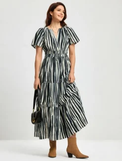 Outlet Cotton Chic Short Sleeve Striped Maxi Skirt Women Vacation Dresses|Casual Dress