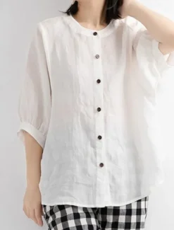 Clearance Cotton Linen Shirts Linen Shirt Button Up Long Cotton Top Women's Black White Yellow Solid Color Buttons Street Daily Fashion Shirt Collar Cotton Linen Regular Fit M Women Shirts